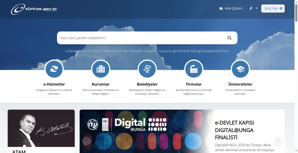 The e-Devlet Kapısı homepage: a search box and the service categories.