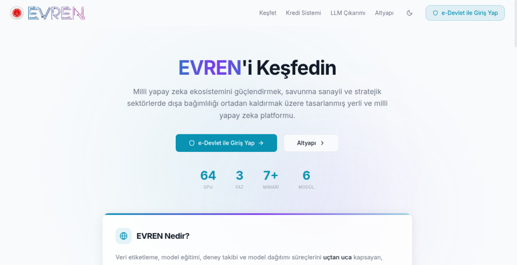 The public EVREN explore page: the national AI platform landing, with an e-Devlet login.