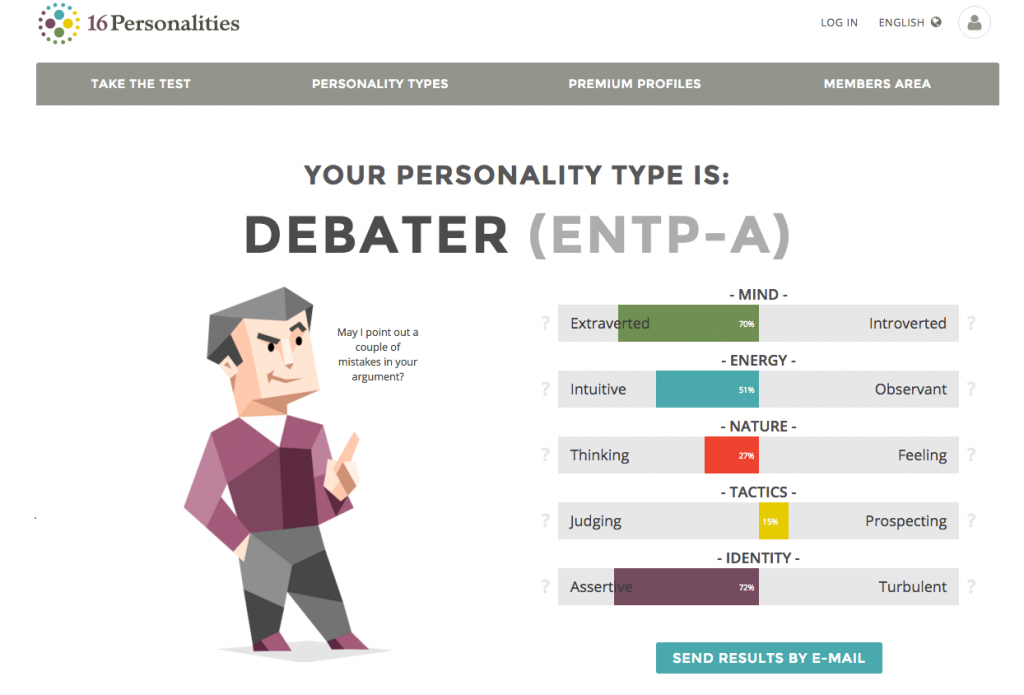 16Personalities test results showing me to be ENTP-A